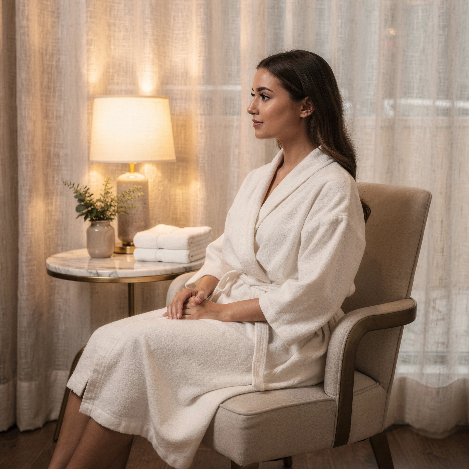 Woman in a spa robe sitting thoughtfully in a comfortable chair in a serene medical consultation room